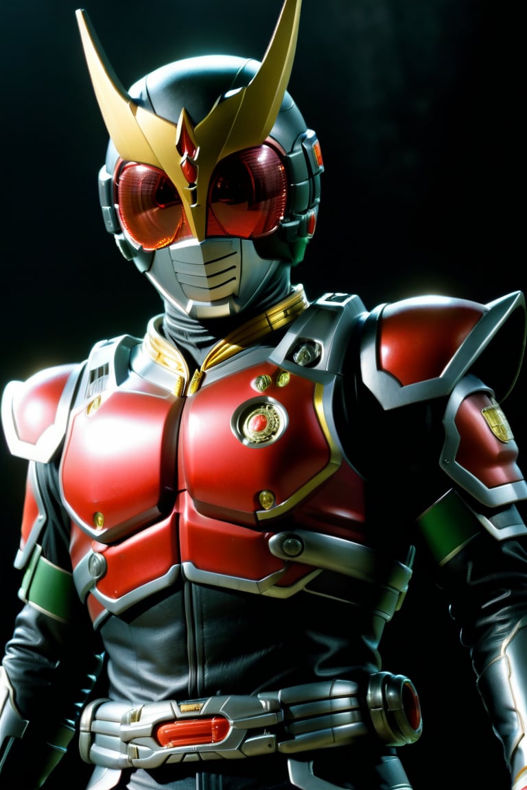 Close-up shot of Kamen Rider standing solo in a darkened room with gold colors dominating the frame. The Rider assumes an intense action pose, fists clenched and eyes glowing bright red. In 4K UHD, showcasing every detail from his gleaming armor to the subtle textures on his gloves. A simple yet effective background allows the Rider's heroic presence to take center stage, surrounded only by shadows that accentuate his powerful stance,gsys