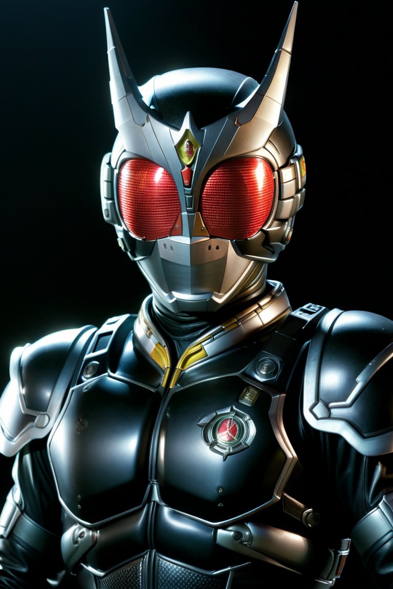 Close-up shot of Kamen Rider standing solo in a darkened room with silver and black colors dominating the frame. The Rider assumes an intense action pose, fists clenched and eyes glowing bright red. In 4K UHD, showcasing every detail from his gleaming armor to the subtle textures on his gloves. A simple yet effective background allows the Rider's heroic presence to take center stage, surrounded only by shadows that accentuate his powerful stance,gsys