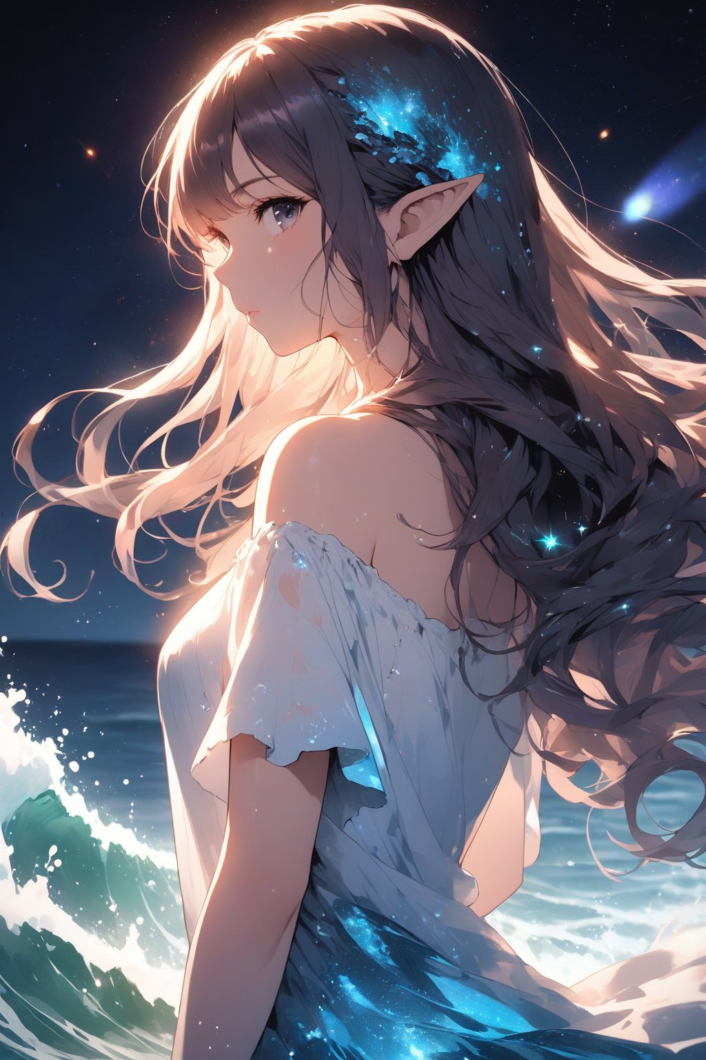 digital painting, water color, ink render, splashed ink, profile, look viewer, look back, subsurface scattering, girl, upper body, elf of sea, long hair, starry hair, Liquid dress, low-body in the sea, waves, bioluminescence, moonbeam, lens flare, starry-sky, full moon, negative space use, white background, waves foreground, Bing girl,