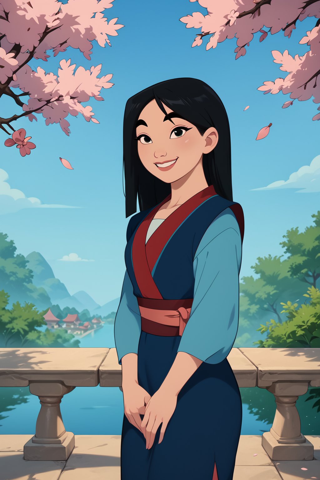 score_9, score_8_up, score_7_up, score_6_up, score_5_up, score_4_up, (bright diffused lighting:1.2), vivid, intense, intricate details, highly detailed,
BREAK,
BlueDress_Fa_Mulan_ownwaifu, blue dress, looking at viewer, black hair, black eyes, smile, outdoors, garden, cherry tree, detailed background, more detail XL, Expressiveh