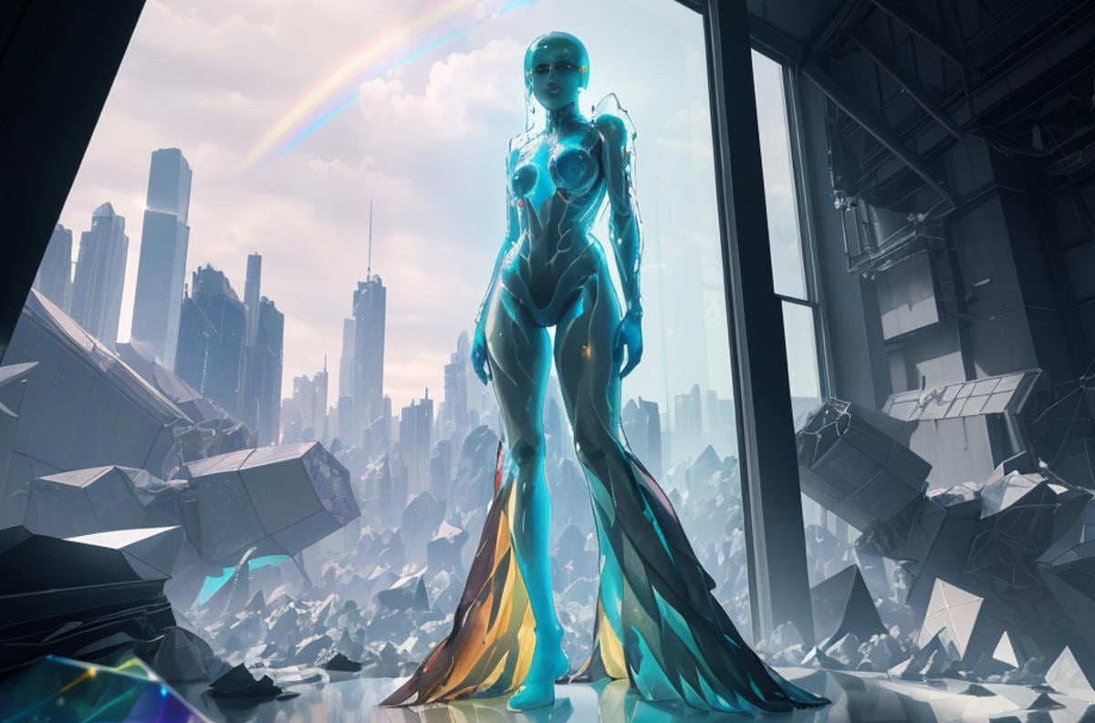 a photo of 8k ultra realistic corrupted rainbow transparent glass humanoid queen standing next to a spaceship window overl...
