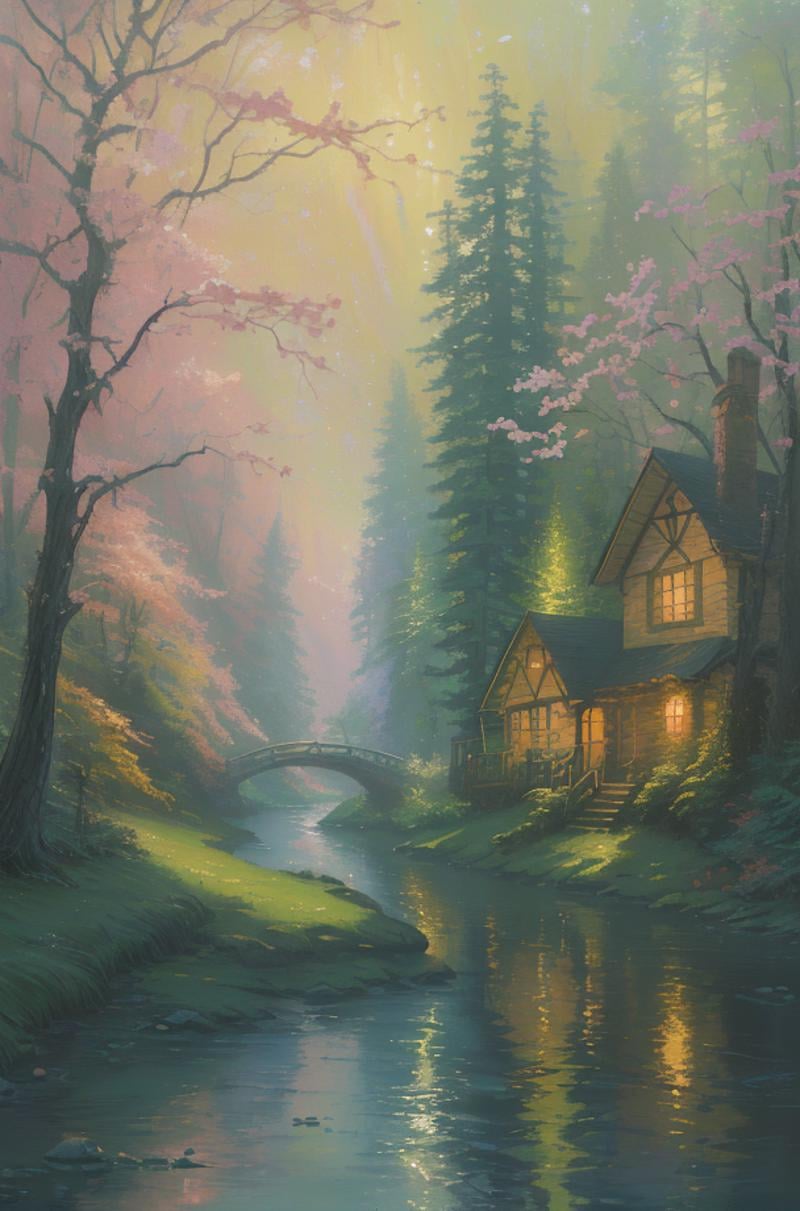 a painting of a river running through a forest,  a detailed painting,  by Thomas Kinkade by Dddokter on Tensor.Art