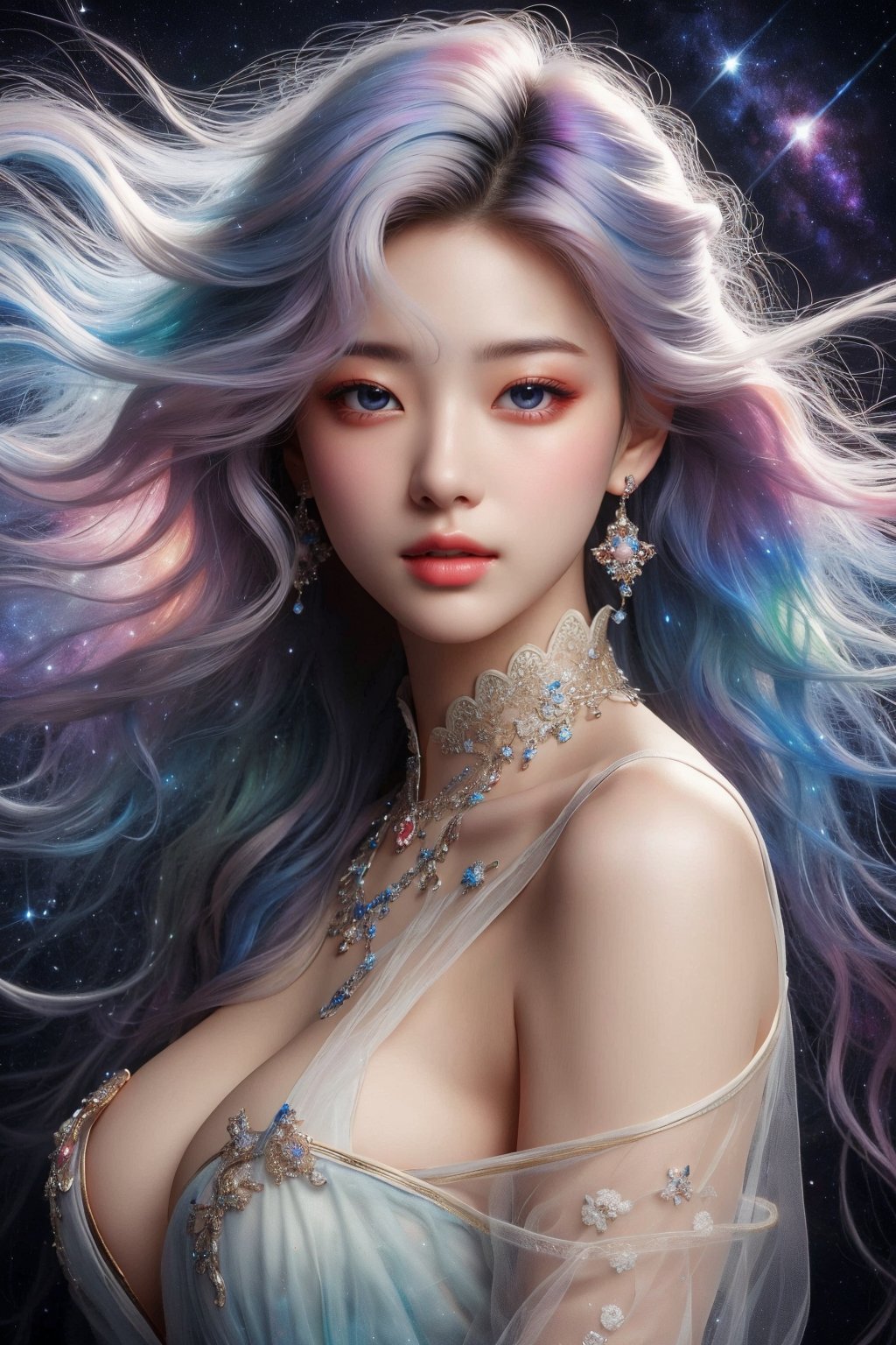 busty and sexy girl, 8k, masterpiece, ultra-realistic, best quality, high resolution, high definition, COSMO, GALAXY,stardust ,Her hair is the highlight, flowing around her head with white to iridescent hues