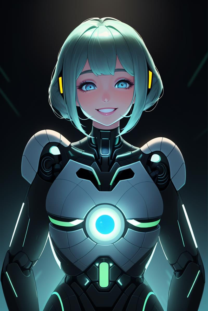 glowing android eyes,  a beautiful cute 25yo woman,  with a loving smile who is actually an AI by Dddokter on Tensor.Art