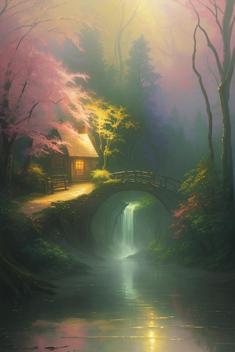 a painting of a river running through a forest,  a detailed painting,  by Thomas Kinkade by Dddokter on Tensor.Art