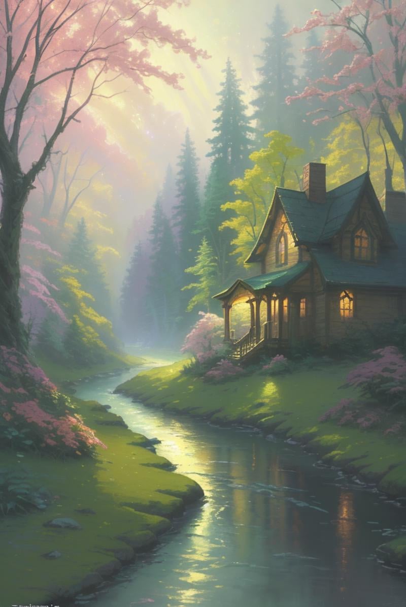 a painting of a river running through a forest,  a detailed painting,  by Thomas Kinkade by Dddokter on Tensor.Art