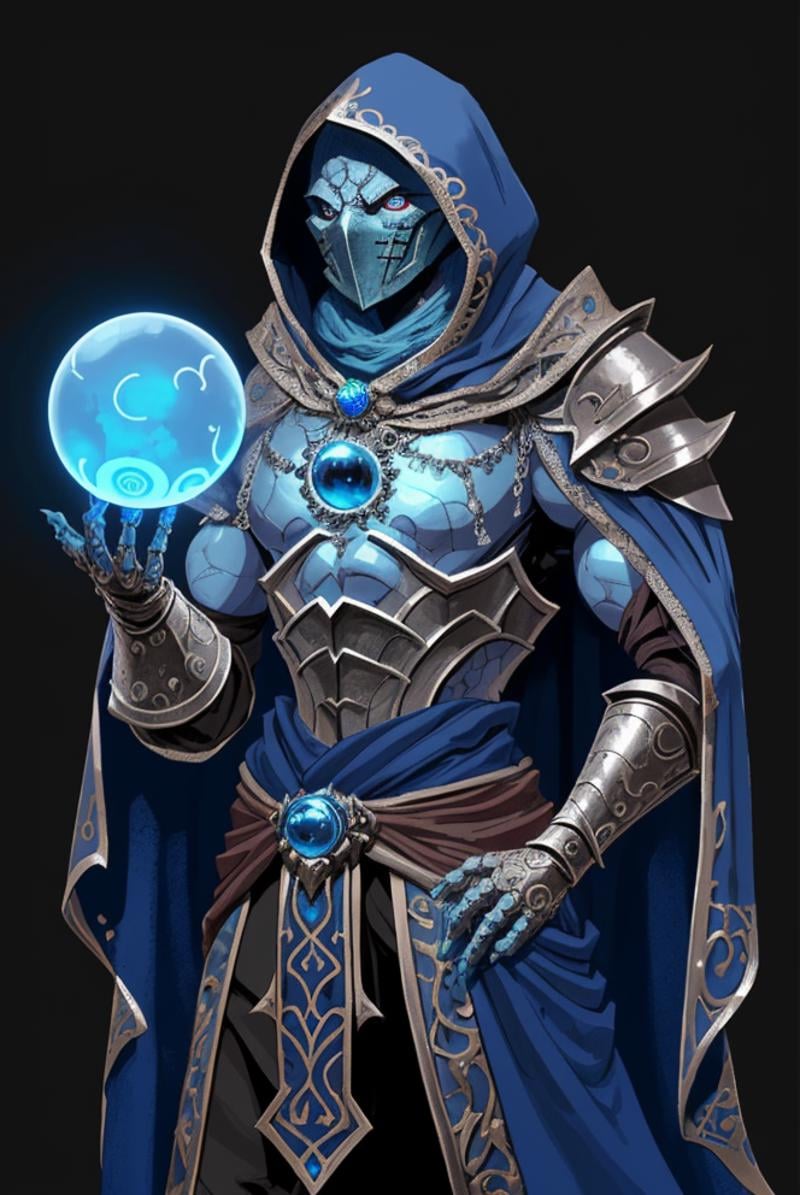 a filigree giant [metal|man|machine|shadow] creature with a blue orb core in chest,  cloak,  metal mask by Dddokter on Ten...