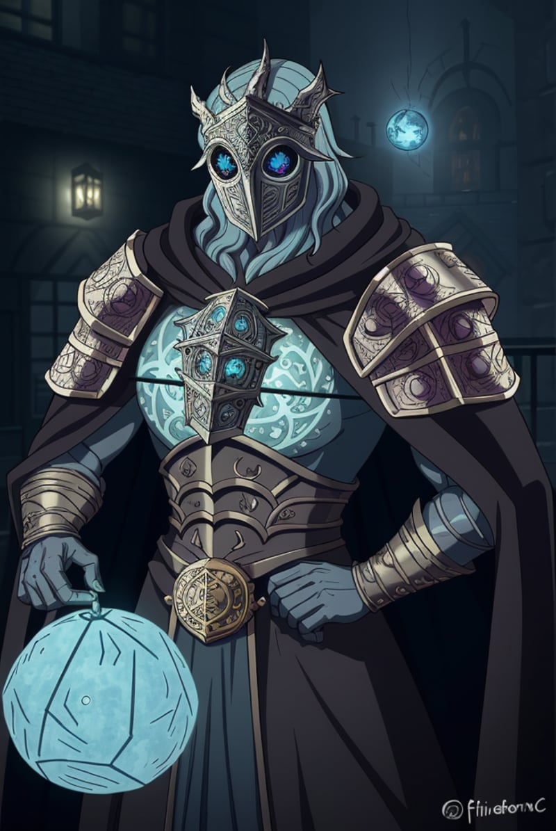 a filigree giant [metal|man|machine|shadow] creature with a blue orb core in chest,  cloak,  metal mask by Dddokter on Ten...