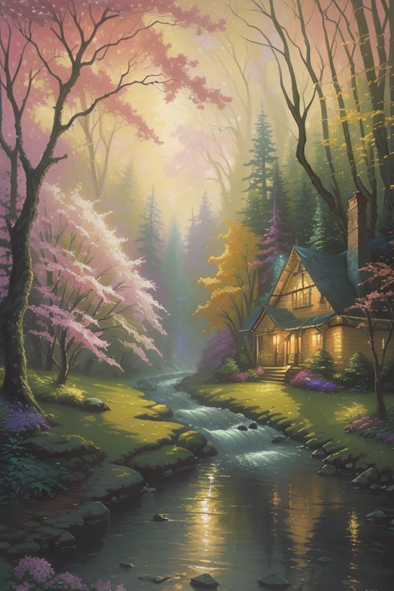 a painting of a river running through a forest,  a detailed painting,  by Thomas Kinkade by Dddokter on Tensor.Art