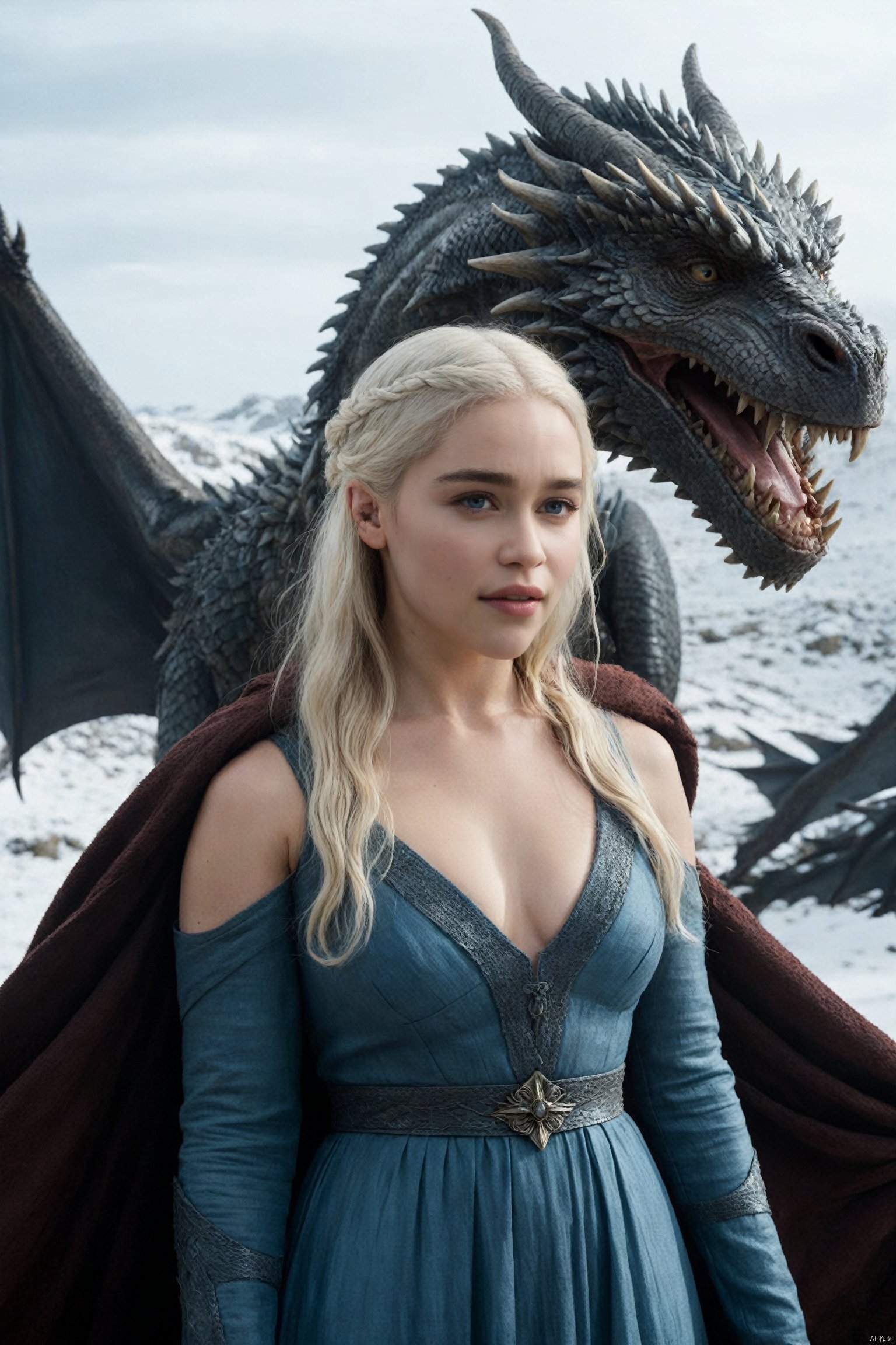  (Movie Still) from Game of Thrones,(extremely intricate:1.3),(realistic),portrait of a girl,the most beautiful in the world,Daenerys Targaryen,blonde hair,long hair,blue eyes,behind her is a dragon,monster,teeth,snow,(detailed face, detailed eyes, clear skin, clear eyes),photorealistic,award winning,professional photograph of a stunning woman detailed,sharp focus,dramatic,award winning,cinematic lighting,volumetrics dtx,,Movie Still, , emilia clarke,Emilia Clarke