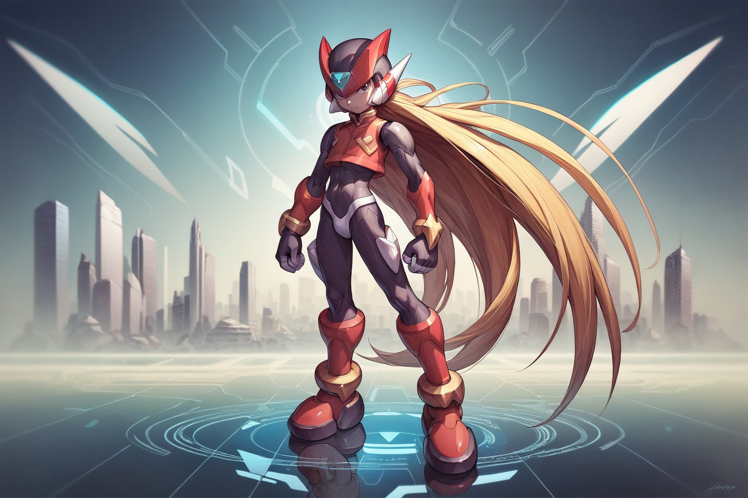 score_9, score_8_up, score_7_up, detailed face, (detailed background), (detailed futuristic city), megaman_zero, solo, long hair, blonde hair, gloves, 1boy, very long hair, full body, male focus, black eyes, bodysuit, medium size body, helmet, android, zero (mega man)