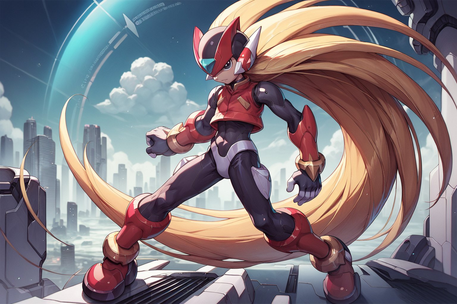 score_9, score_8_up, score_7_up, detailed face, (detailed background), (detailed futuristic city), megaman_zero, solo, long hair, blonde hair, gloves, 1boy, very long hair, full body, male focus, black eyes, bodysuit, medium size body, helmet, android, zero (mega man)