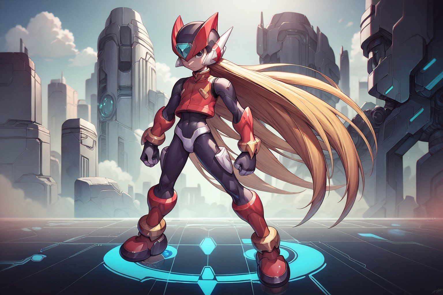 score_9, score_8_up, score_7_up, detailed face, (detailed background), (detailed futuristic city), megaman_zero, solo, long hair, blonde hair, gloves, 1boy, very long hair, full body, male focus, black eyes, bodysuit, medium size body, helmet, android, zero (mega man)