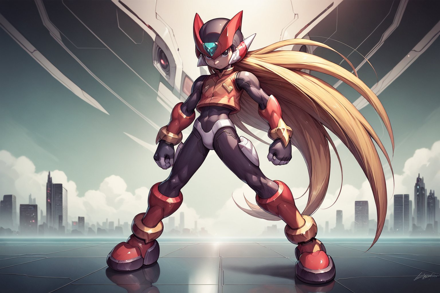 score_9, score_8_up, score_7_up, detailed face, (detailed background), (detailed futuristic city), megaman_zero, solo, long hair, blonde hair, gloves, 1boy, very long hair, full body, male focus, black eyes, bodysuit, medium size body, helmet, android, zero (mega man)