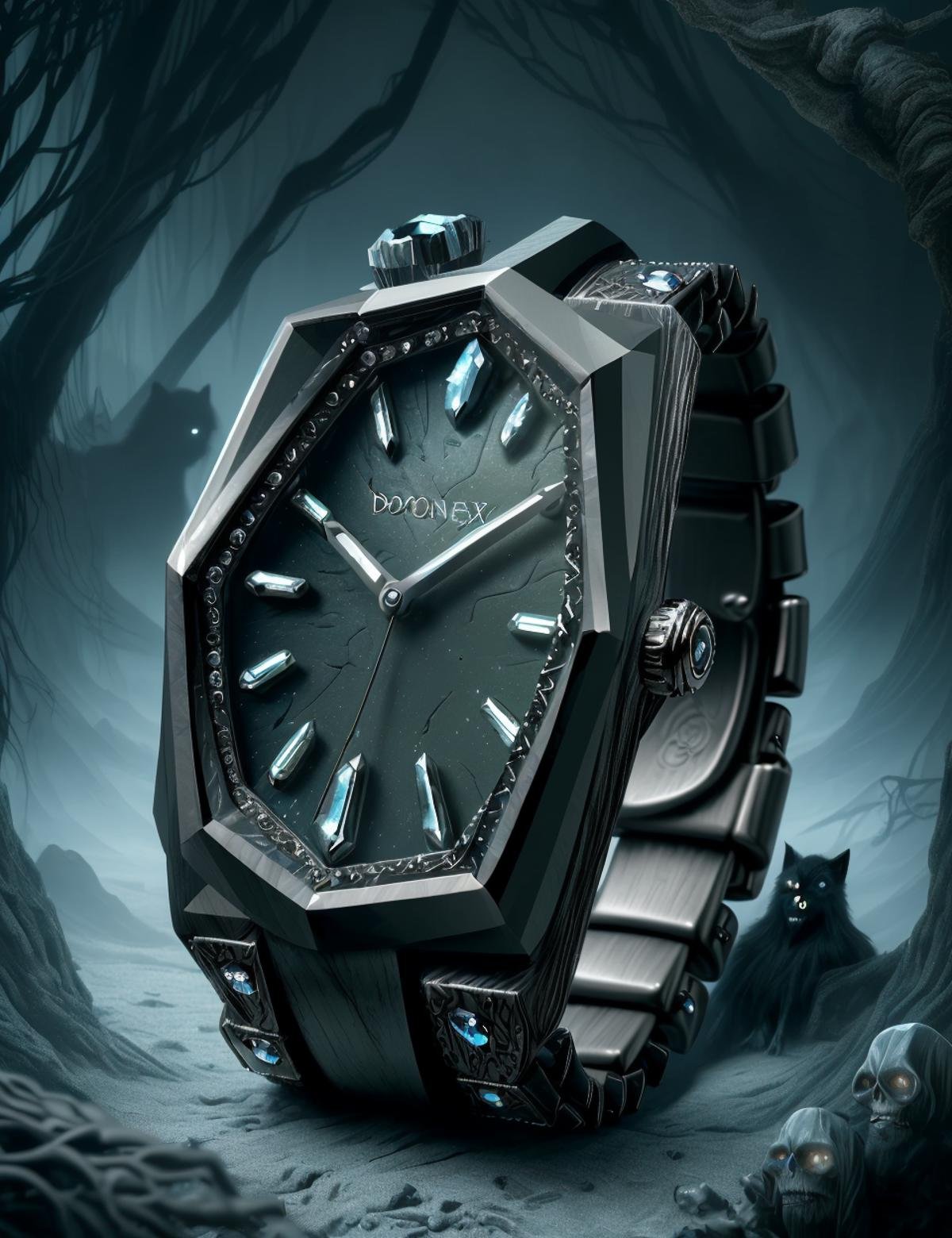 DonMV00d00  watch, gorgeous included (i3) onyx, brilliant cut, mixed cut facets, 0.25 carat, brilliant,    pearly, niobium, sturdy, ruggedness, surface coating, twist setting, artisan-crafted, exclusive, futuristic, gothic revival, nature and animals <lora:DonMV00d00:0.7>