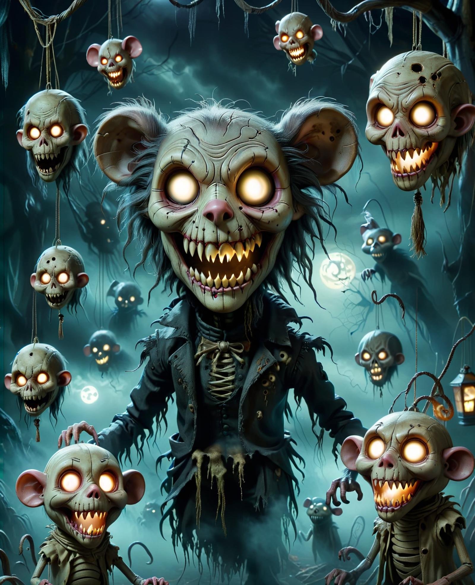 DonMV00d00XL haunted carnival, supernatural, rats and rodents, creepy doll,phantom lanterns, lovecraftian,    <lora:DonMV00d00XL:1>