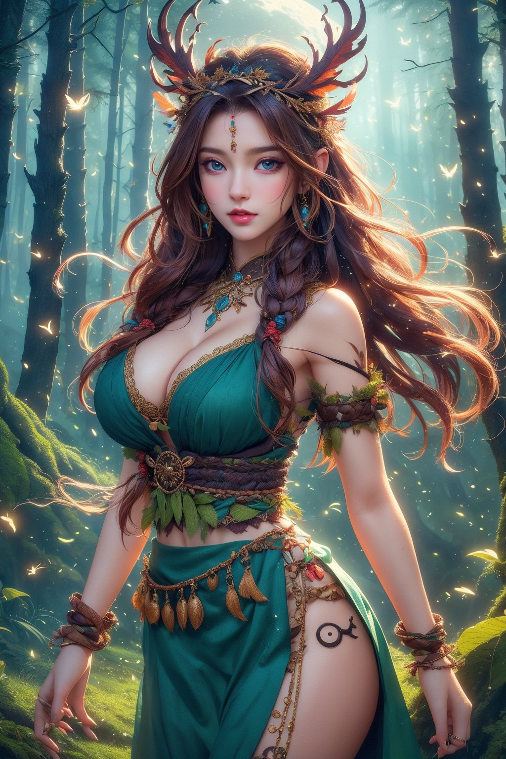 busty and sexy girl, Tribal girl, feather headdress 8k, masterpiece, ultra-realistic, best quality, high resolution, high definition,  the character should be a mischievous forest spirit, LOW-CUT SEXY DRESS, leaves woven into their hair. The background should be a moonlit forest clearing, with fireflies dancing in the air. The overall mood should be mysterious and enchanting, inviting viewers to explore the hidden magic of the woods