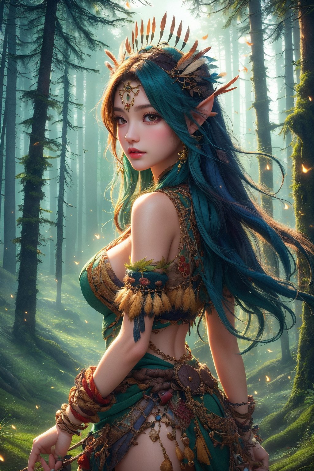 busty and sexy girl, Tribal girl, feather headdress 8k, masterpiece, ultra-realistic, best quality, high resolution, high definition,  the character should be a mischievous forest spirit, LOW-CUT SEXY DRESS, leaves woven into their hair. The background should be a moonlit forest clearing, with fireflies dancing in the air. The overall mood should be mysterious and enchanting, inviting viewers to explore the hidden magic of the woods.