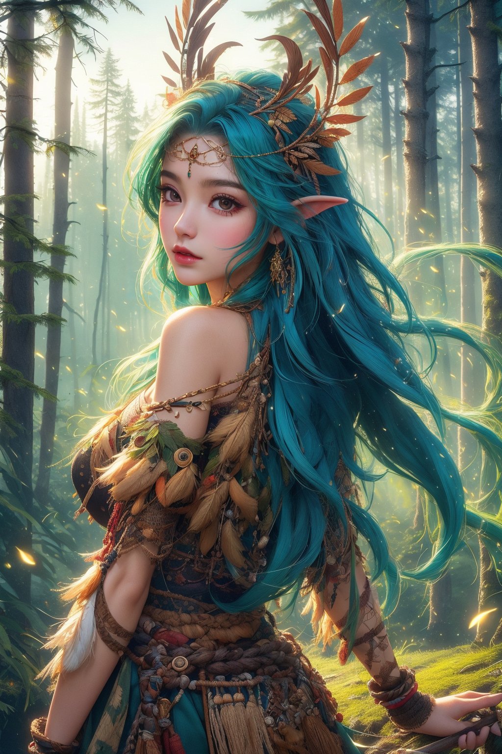 busty and sexy girl, Tribal girl, feather headdress 8k, masterpiece, ultra-realistic, best quality, high resolution, high definition,  the character should be a mischievous forest spirit, LOW-CUT SEXY DRESS, leaves woven into their hair. The background should be a moonlit forest clearing, with fireflies dancing in the air. The overall mood should be mysterious and enchanting, inviting viewers to explore the hidden magic of the woods