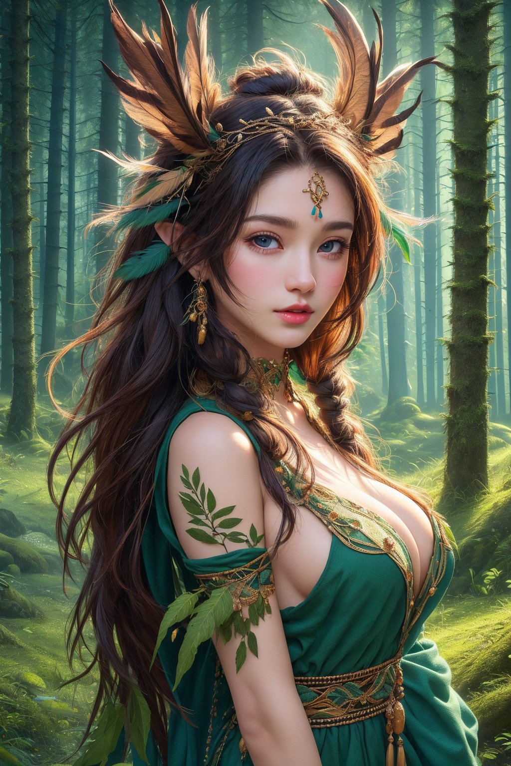 busty and sexy girl, Tribal girl, feather headdress 8k, masterpiece, ultra-realistic, best quality, high resolution, high definition,  the character should be a mischievous forest spirit, LOW-CUT SEXY DRESS, leaves woven into their hair. The background should be a moonlit forest clearing, with fireflies dancing in the air. The overall mood should be mysterious and enchanting, inviting viewers to explore the hidden magic of the woods.