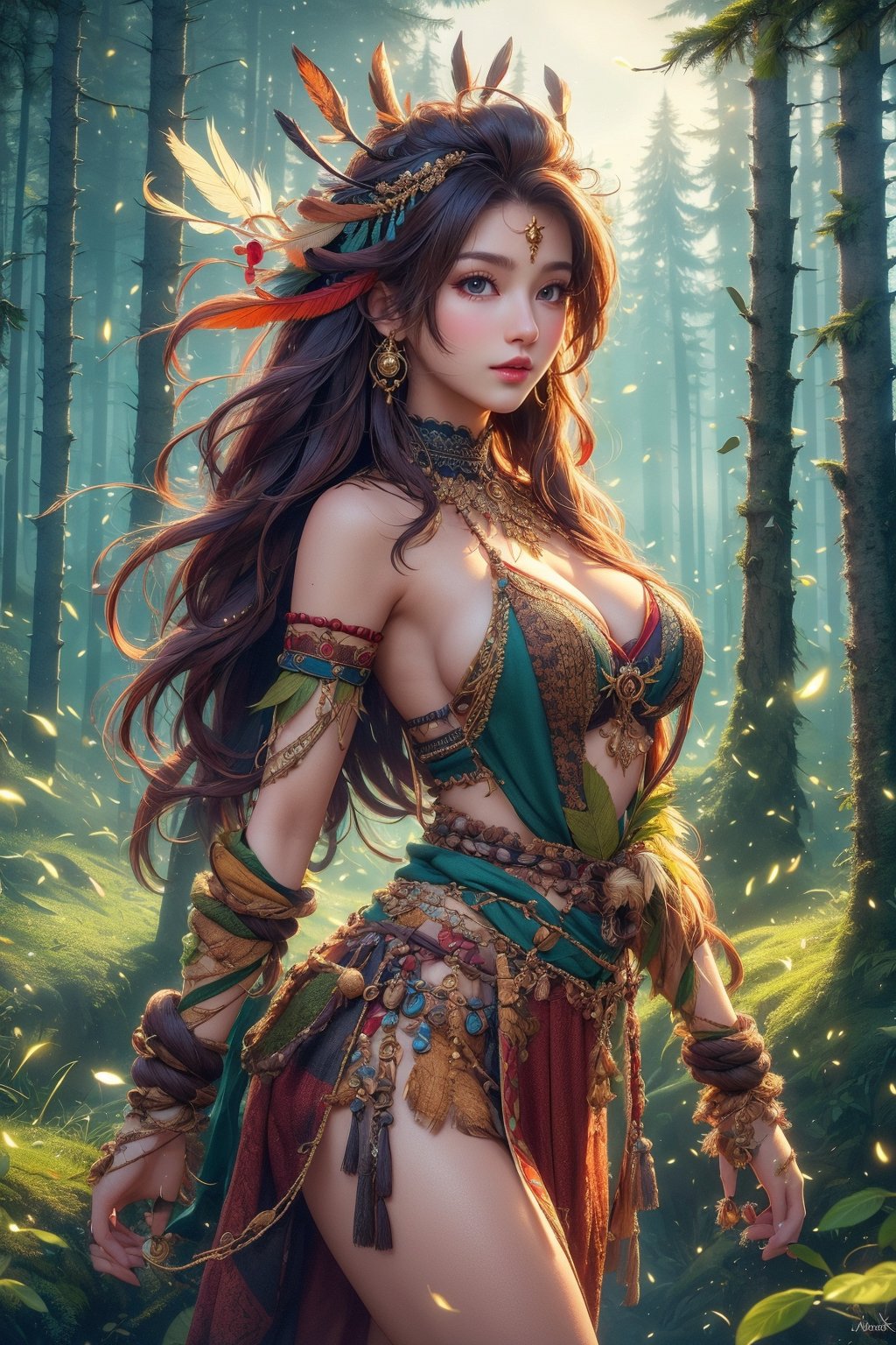 busty and sexy girl, Tribal girl, feather headdress 8k, masterpiece, ultra-realistic, best quality, high resolution, high definition,  the character should be a mischievous forest spirit, LOW-CUT SEXY DRESS, leaves woven into their hair. The background should be a moonlit forest clearing, with fireflies dancing in the air. The overall mood should be mysterious and enchanting, inviting viewers to explore the hidden magic of the woods