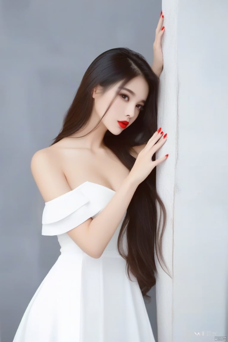 maked sign “V” with hands,“V”,
1girl,long_hair,Red lips,bareshoulders,
white dress, hand,g23 ,