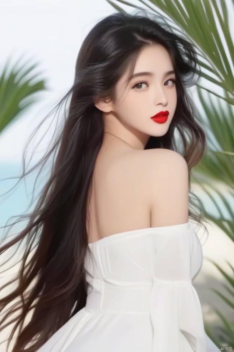 palm,✋,
1girl,long_hair,Red lips,bareshoulders,
white dress, hand,g23 ,