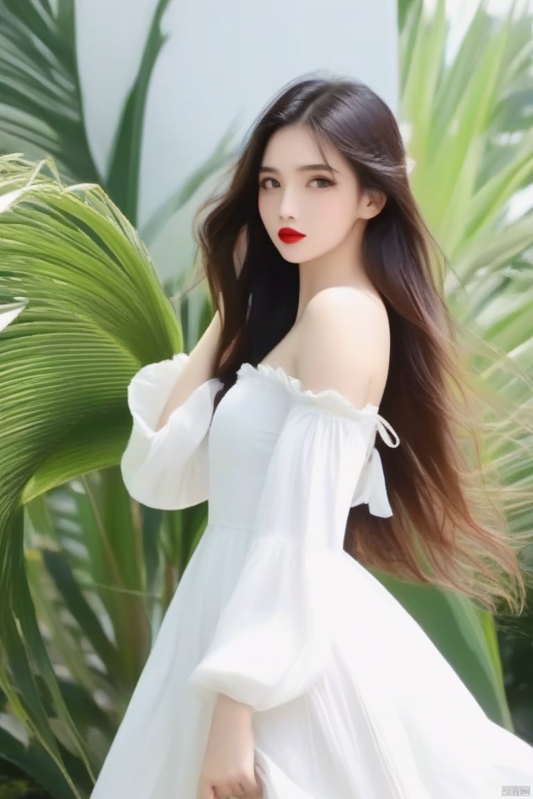 palm,✋,
1girl,long_hair,Red lips,bareshoulders,
white dress, hand,g23 ,