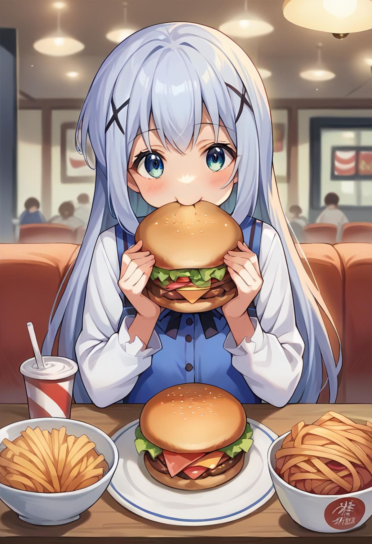 score_9, score_8_up, score_7_up, source_anime, masterpiece, 1girl, chinok, long hair, long sleeves, blue vest, collared shirt, skirt, angora rabbit, looking at viewer, indoors, eating burger, american flag, <lora:chinokafu_ctV2:0.8>