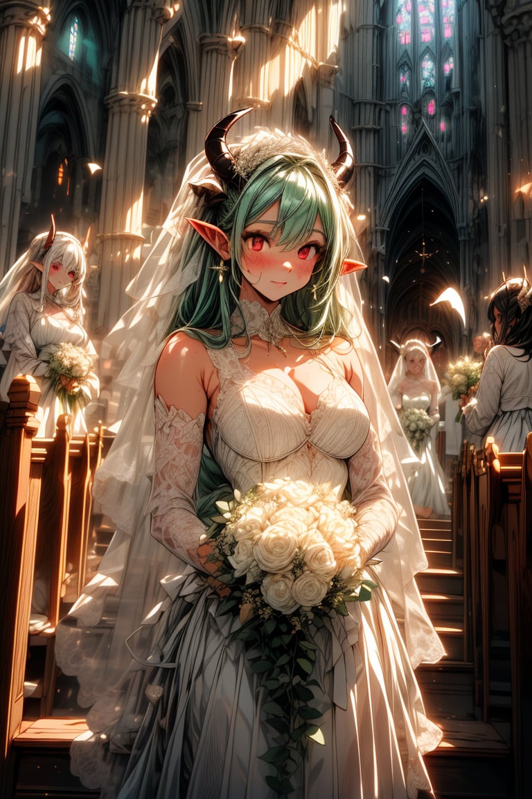 In a fantastical and beautiful church, a beautiful succubus girl is surrounded by the blessings of her wedding. (Glossy green hair) (Short pointed ears) (Red eyes) She is wearing a pure white wedding dress with a long skirt and a black tail. In the background, an old church is watching over the many beautiful succubus girls who are guests of the wedding.