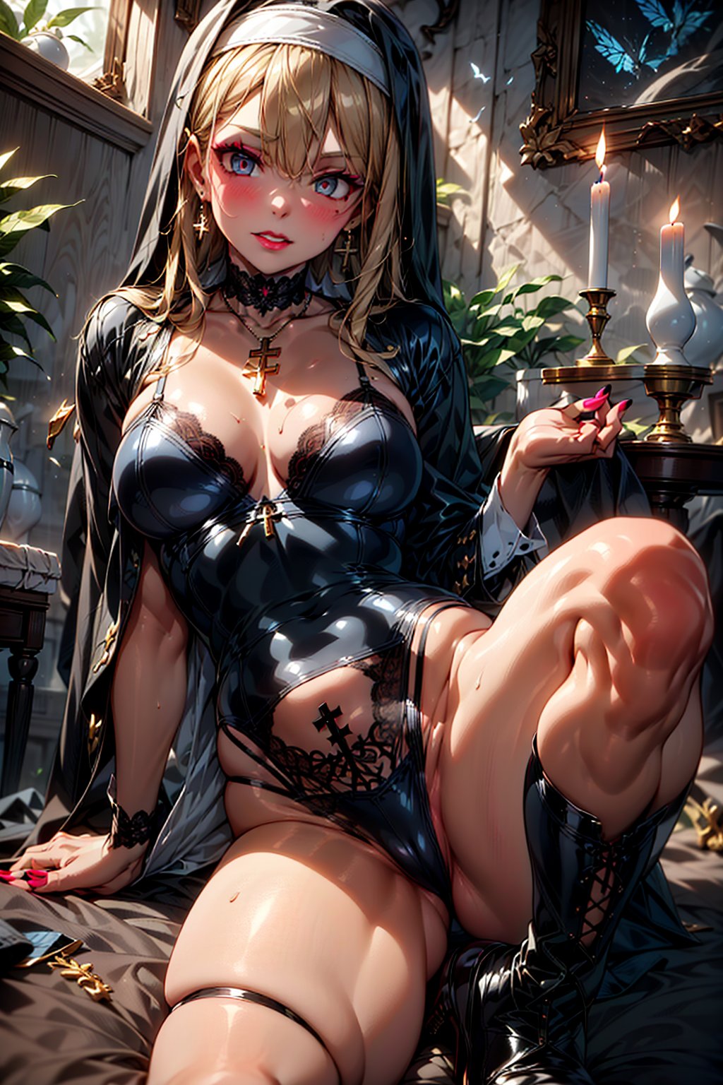 //Character 1girl,  BREAK //Fashion Dark Nun of Horror Costume,  A worn and tattered black habit for a spooky effect by らび...