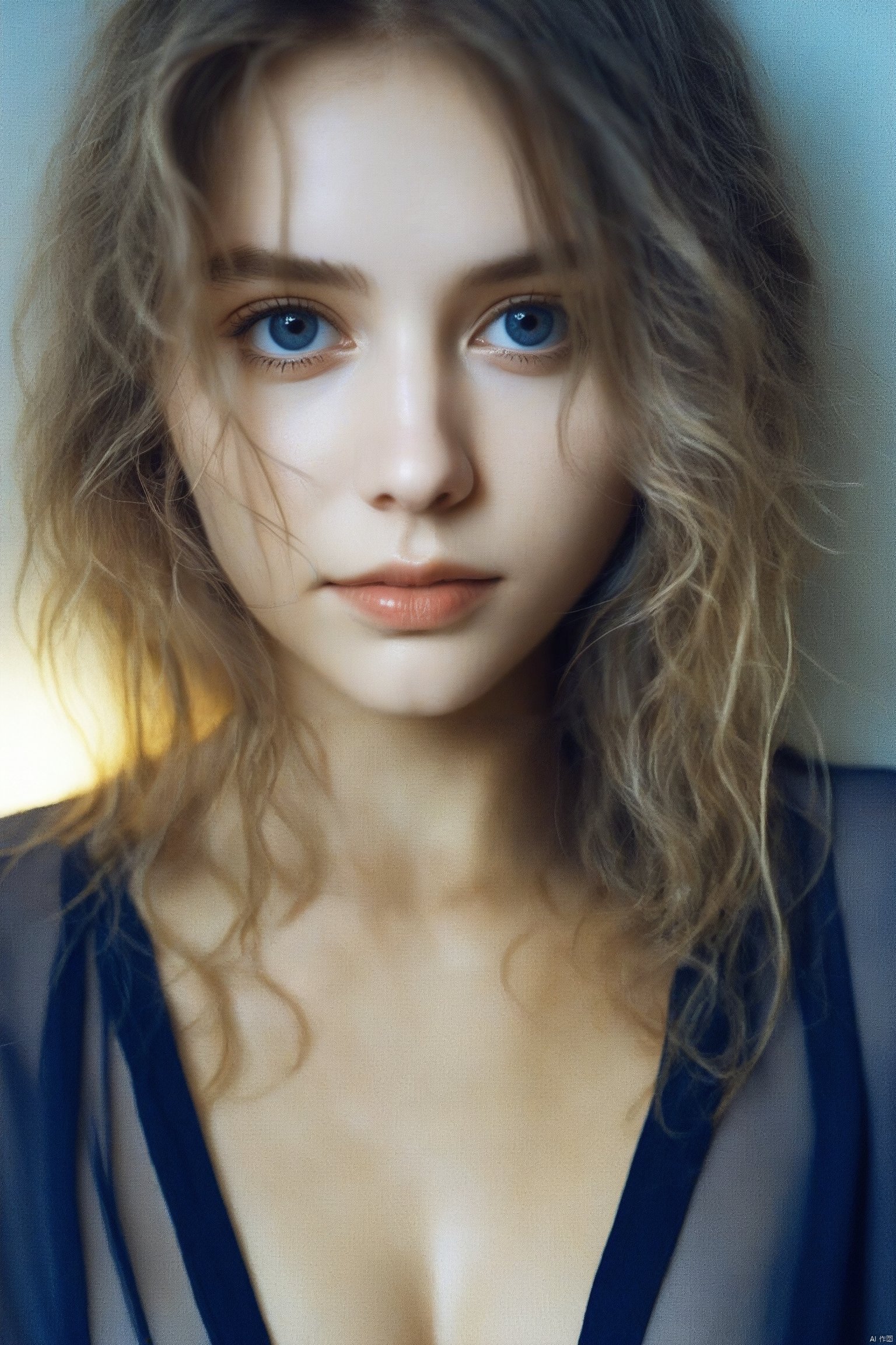 (Soft Lighting Photography by Mimoza Veliu and Mario Giacomelli:1.2), NSFW, Mirror selfie , a 19 year old gorgeous girl , slight smile , detailed skin face and eyes , showering, natural lighting , at home , long hair, messy hair, see through loose wet blouse, cleavage, film grain, low contrast, natural face, dark blonde hair , dark blue eyes, dark circles under eyes, sexy, nipples visible under blouse, water,