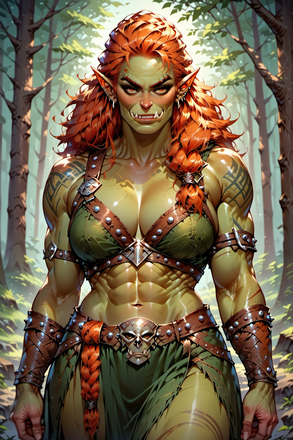 score_9, score_8_up, score_7_up, orc girl. Viking hair style, Viking outfit. red hair. muscular, smirking, cowboy_shot. forest village background.,n304rt