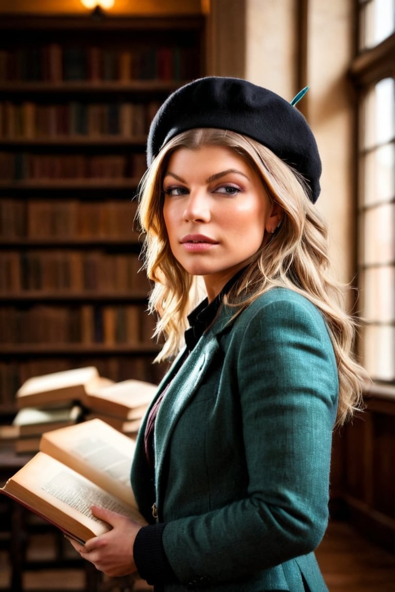 HQ photography, closeup portrait, sharp focus, bokeh background, high contrast, In a serene, cinematic setting, a lovely, young woman, reminiscent of Angeline, sits in an antique university library, looking at the book, Degas-like attention to detail captures every curl and curve of her body. In the background, an antique library full of books and ladders is bathed by the afternoon sun rays, creating a sense of depth and atmosphere. The overall effect is stunning, with cinematic flair, masterpiece, shines brightly on ArtStation, trending for all to admire.,dark academia outfit, brown teal color palette, Rembrandt Lighting Style,darkacademia,photorealistic,tweed blazer, collar shirt, beret,Kodak Motion Picture Film Style, cute face, young face, ,ohwx woman, Fergie