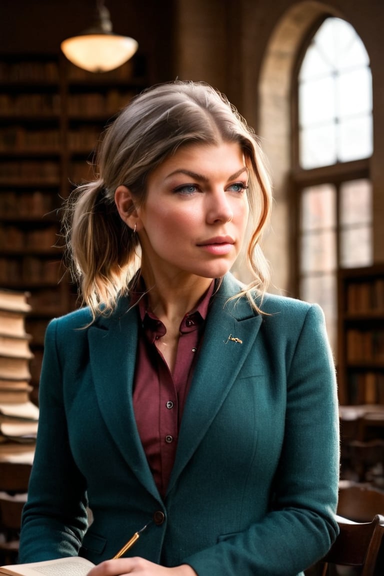 HQ photography, closeup portrait, sharp focus, bokeh background, high contrast, In a serene, cinematic setting, a lovely, young woman, reminiscent of Angeline, sits in an antique university library, looking at the book, Degas-like attention to detail captures every curl and curve of her body. In the background, an antique library full of books and ladders is bathed by the afternoon sun rays, creating a sense of depth and atmosphere. The overall effect is stunning, with cinematic flair, masterpiece, shines brightly on ArtStation, trending for all to admire.,dark academia outfit, brown teal color palette, Rembrandt Lighting Style,darkacademia,photorealistic,tweed blazer, collar shirt, beret,Kodak Motion Picture Film Style, cute face, young face, ,ohwx woman, Fergie