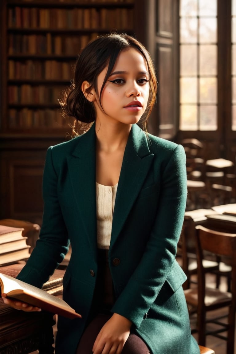 HQ photography, closeup portrait, sharp focus, bokeh background, high contrast, In a serene, cinematic setting, a lovely, young woman, reminiscent of Angeline, sits in an antique university library, looking at the book, Degas-like attention to detail captures every curl and curve of her body. In the background, an antique library full of books and ladders is bathed by the afternoon sun rays, creating a sense of depth and atmosphere. The overall effect is stunning, with cinematic flair, masterpiece, shines brightly on ArtStation, trending for all to admire.,dark academia outfit, brown teal color palette, Rembrandt Lighting Style,darkacademia,photorealistic,tweed blazer, collar shirt, beret,Kodak Motion Picture Film Style,Jenna, Jenna Ortega,