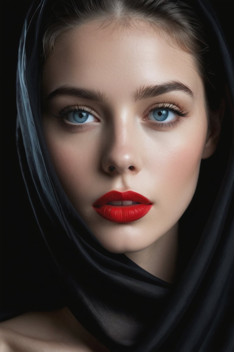 (black background), a gorgeous woman's upper body with sharp red lipstick, (covered with a floating black fabric(, (floating black fabric on head), creating an enigmatic and mysterious atmosphere, .photo of 18 years old girl, (sharp shot), ultra sharp, focus on eyes, (natural skin texture, hyperrealism, sharp), imisteryous look, (dark black hair), (dark shot), (very high contrast), dramatic shadows, finely makeup, (high quality), (ultra detail), (high resolution), (masterpiece), (complex and beautiful), (exquisitely beautiful), (finely detailed beautiful blue eyes and detailed face), (hyperrealism, 8k, extremely_detailed) photorealistic, hyperrealistic, high definition, cinematic, 12k, (brilliant composition)