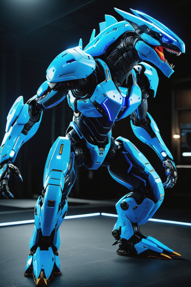 (masterpiece, best quality, highres, dynamic lighting), neon_blue_mech, kaiju, Extremely Realistic, Hyper Detailed, Cinematic Lighting Photography capturing every intricate detail, shot on nvidia rtx for realism, showcasing super-resolution and rendered in Unreal 5. Enhanced with subsurface scattering and PBR texturing for a lifelike appearance. fine texture,  high quality, insane details,12k, (brilliant composition),