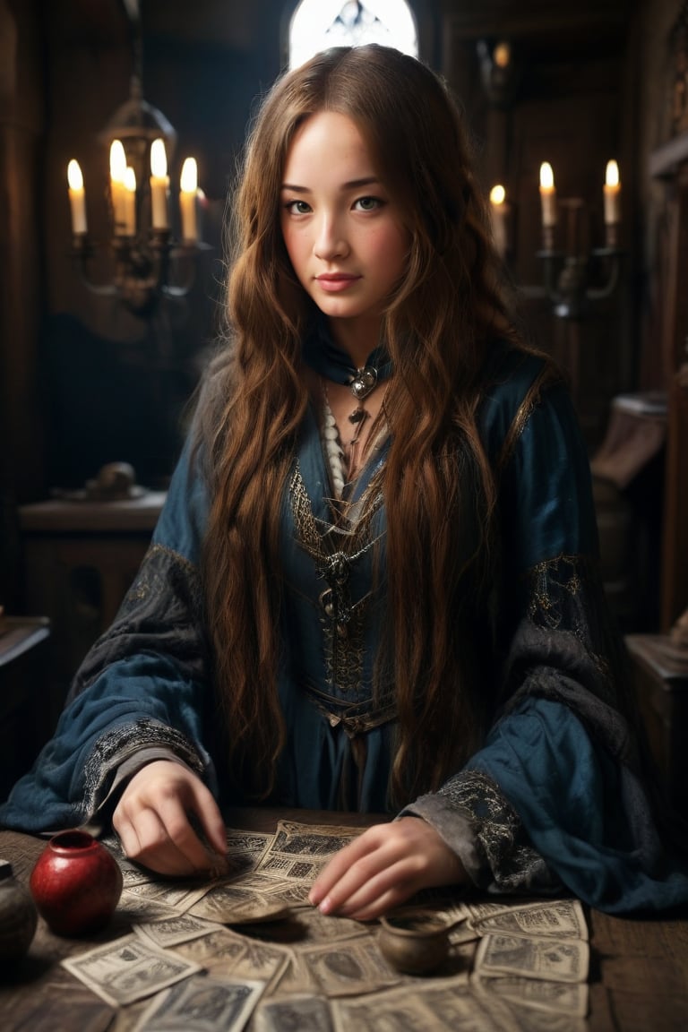 Strikingly beautiful college girl, medieval setting, ,aw0k, ,photorealistic, ,The Lord of the Rings style,fortune teller