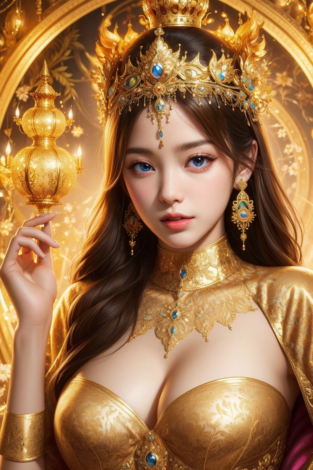 busty and sexy girl, 8k, masterpiece, ultra-realistic, best quality, high resolution, high definition, (Mandala flower pattern),  GOLD CROWN, TAHI GIRL, INTRICATE PATTERN DRESS