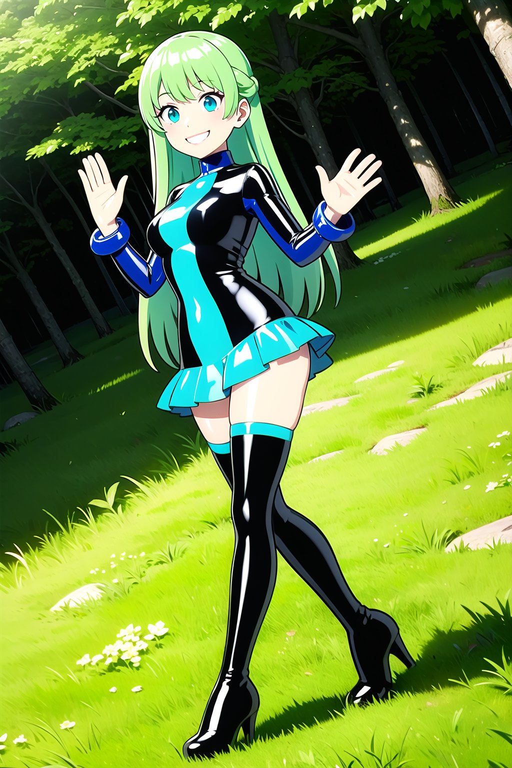 an SMD doll with a smile made  of shiny latex waving, long hair, wearing a pompous dress  made of polished latex, wearing very tight high-heeled boots, soles and heels made of polished latex; two-color hair, green hair with blue tips, swimsuit, green swimsuit, blue skirt, striped stocking, blue jacket, thighhighs, leafy forest in the background, 