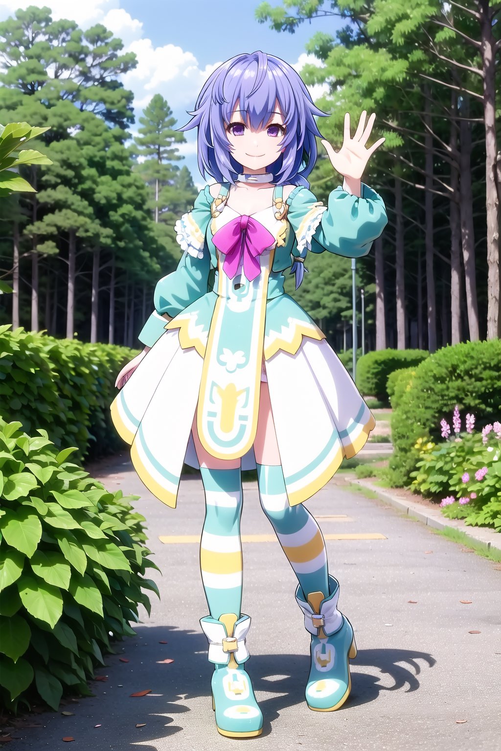 an SMD doll with a smile made  of shiny latex waving, long hair, wearing a pompous dress  made of polished latex, wearing very tight high-heeled boots, soles and heels made of polished latex, long, leafy forest in the background, plutia, striped, bow, ribbon, hair bow, single braid