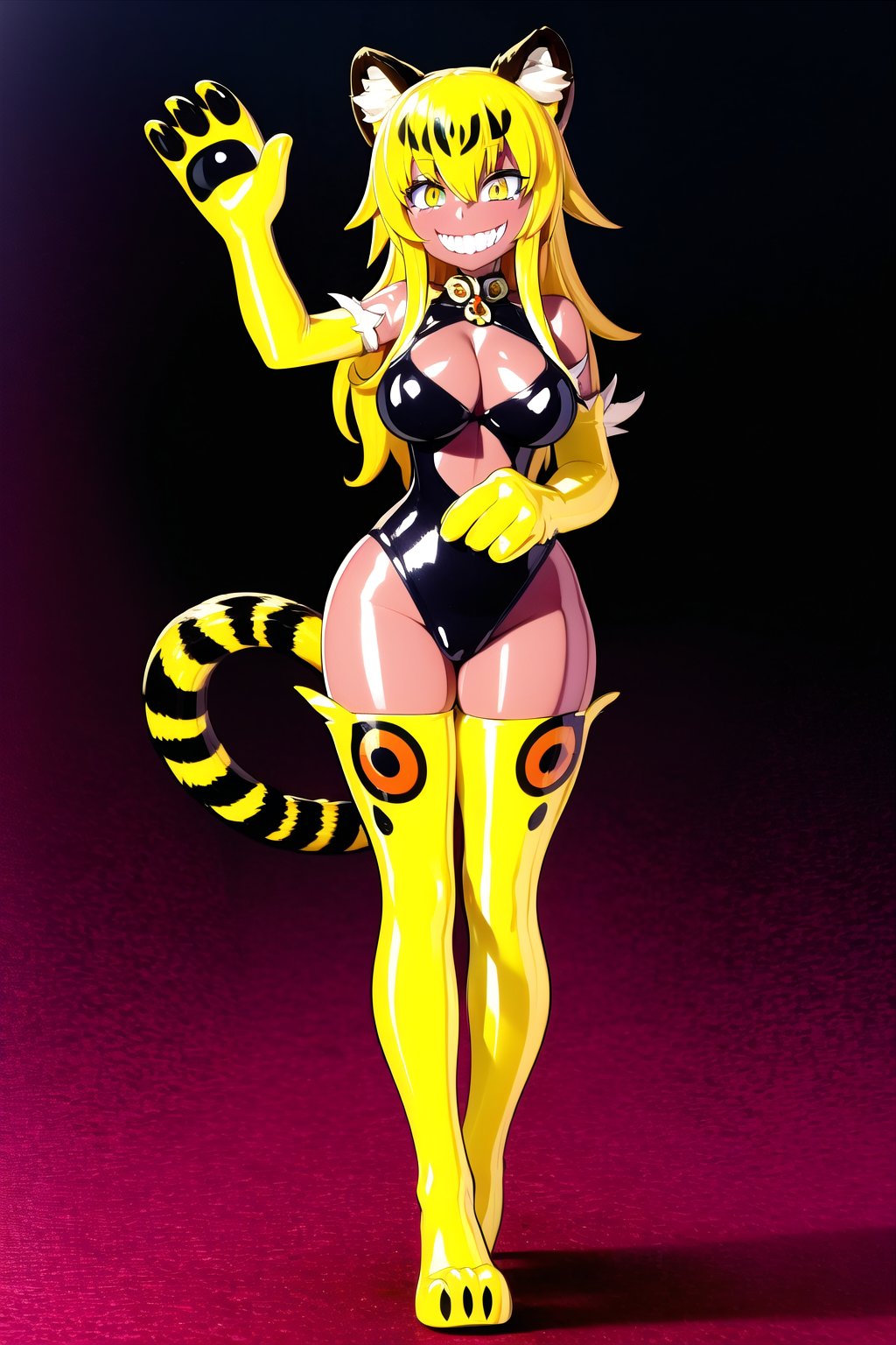 an SMD doll with a smile made  of shiny latex waving, long hair, ocelomeh, dark skin, animal hands, animal ears, slit pupils, tail, multicolored hair, blonde hair and yellow