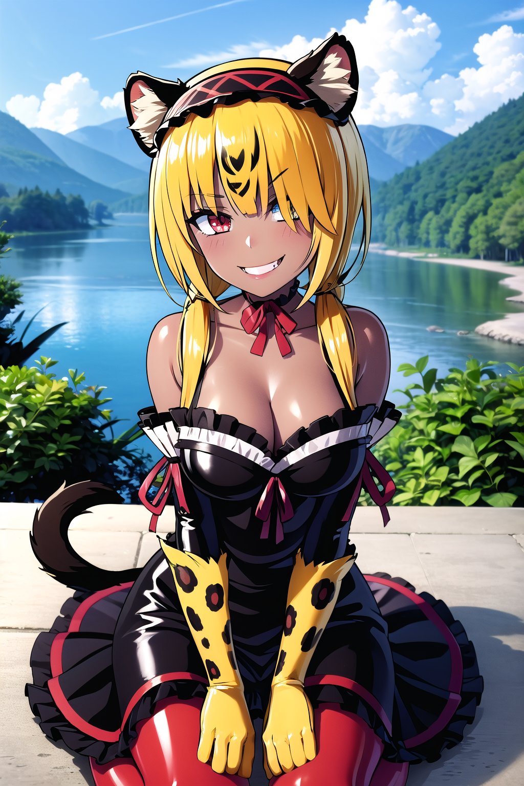 an SMD doll with a smile made  of shiny latex waving, long hair, ocelomeh, dark skin, animal hands, animal ears, slit pupils, tail, multicolored hair, blonde hair and yellow, TokisakiKurumi, masterpiece, best quality, absurdres,  KurumiBase, (clock eyes), heterochromia, hairband, red dress, frills, detached sleeves, frilled choker, smug, hair over one eye,long_hair falling to the floor, with a landscape of a lake surrounded by trees and with a mountain in the background, low twintails, twintails