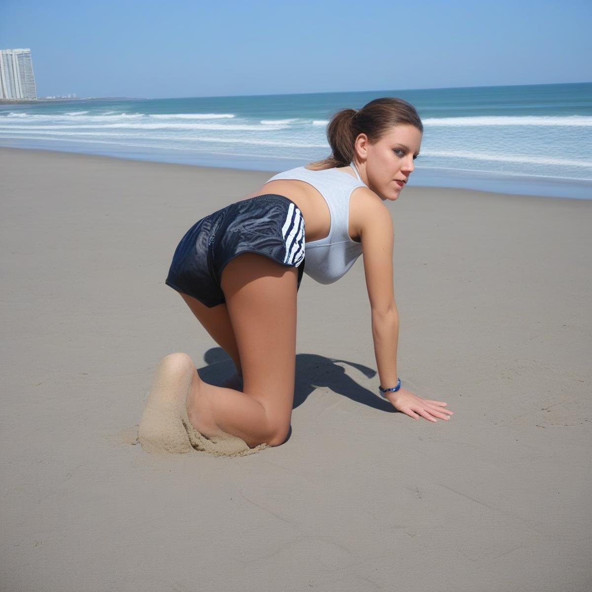 1girl, adirun, adidas running shorts, black shorts, all fours, beach, cropped top