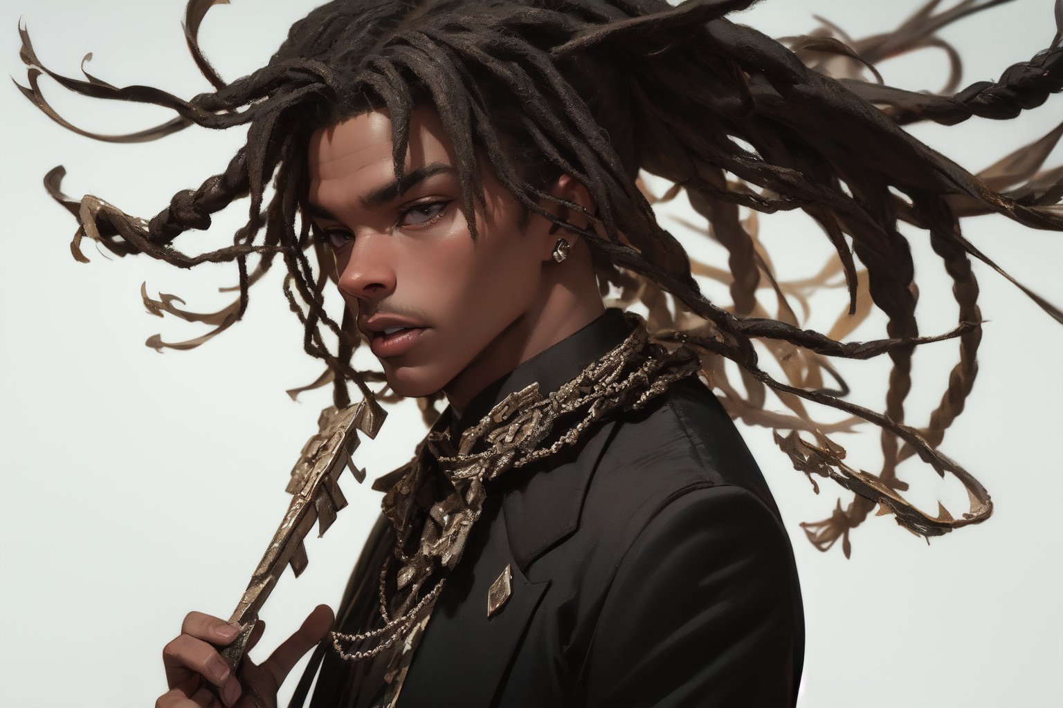 Portrait of black handsome man with dreadlocks, dark skin,  silver jewellery, chains,  29 years old,  stunning realistic photo, 3d render, octane render, intricately detailed, cinematic,    hyper realistic cover photo awesome full color, hand drawn, dark, gritty, realistic 12k, intricate. high definition , cinematic, Rough sketch, bold dark lines ,black fade background, lofi atmosphere, half body visible, black office suit, handsome male,LiLBabyR7der