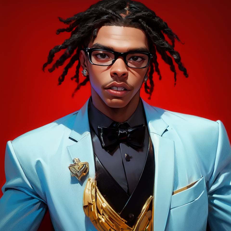  solo, looking at viewer, shirt, black hair, one black man, dark skin,bow, jewelry, jacket, male focus, earrings, glasses, teeth, bowtie, black eyes, ((superman costume, red cape)), facial hair, formal, portrait,  realistic, dreadlocks,1guy