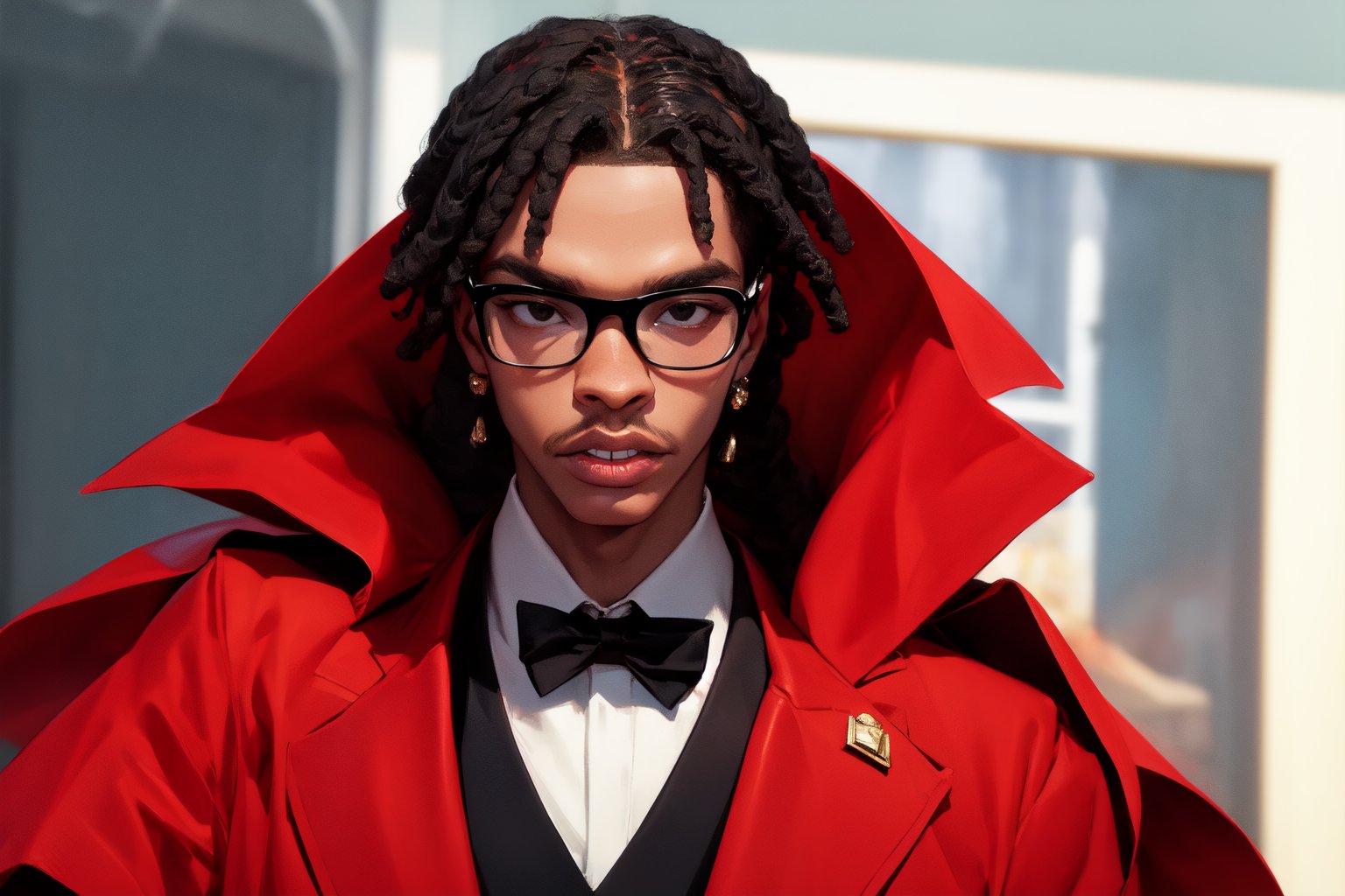  solo, looking at viewer, shirt, black hair, one black man, dark skin,bow, jewelry, jacket, male focus, earrings, glasses, teeth, bowtie, black eyes, ((superman costume, red cape)), facial hair, formal, portrait,  realistic, dreadlocks,1guy