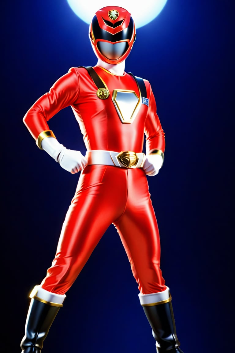 A solo Super Sentai hero in a bold red and black costume stands proudly against a simple, dark blue background. The lighting is dramatic, with a bright spotlight highlighting the hero's confident pose. In the foreground, a sleek police car and flashing sirens add to the action-packed atmosphere, symbolizing the hero's law enforcement theme.,dekaranger