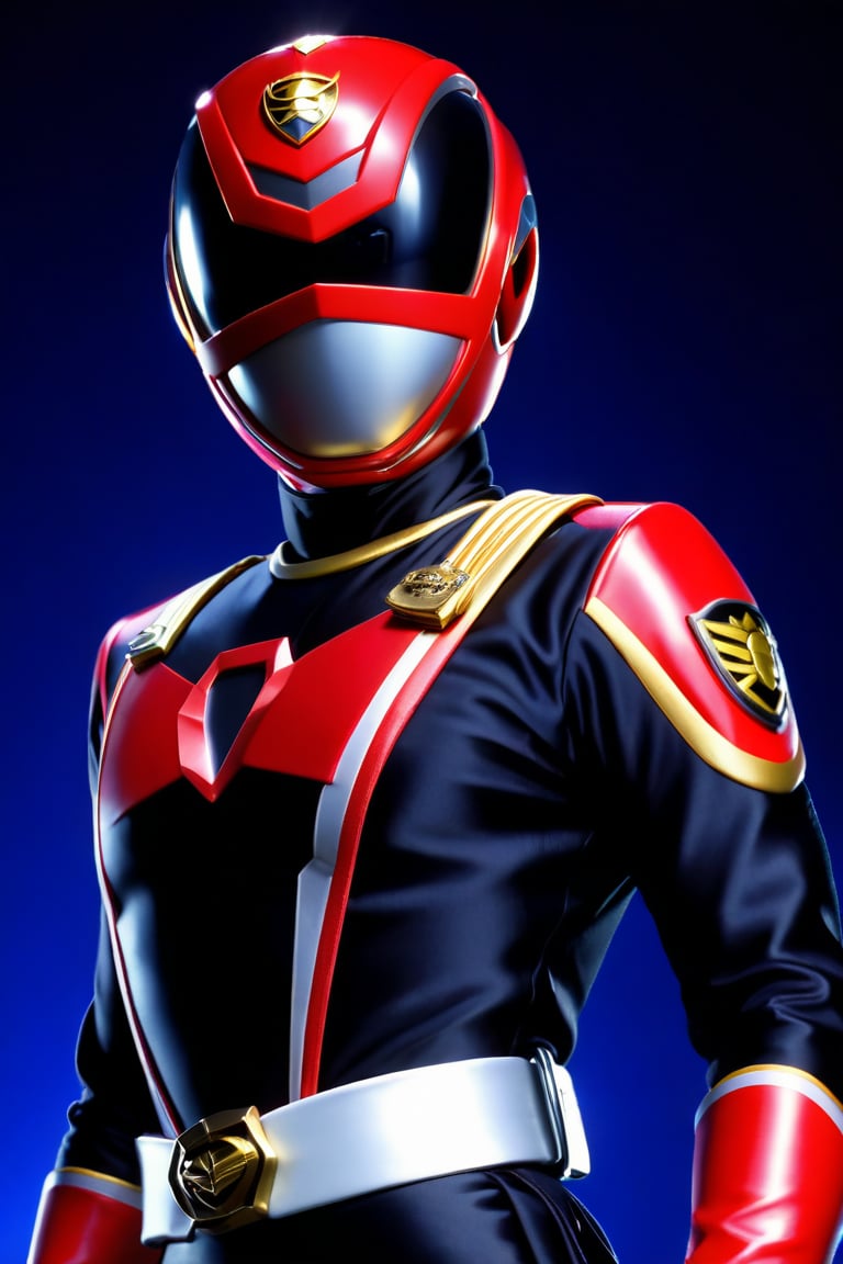 A solo Super Sentai hero in a bold red and black costume stands proudly against a simple, dark blue background. The lighting is dramatic, with a bright spotlight highlighting the hero's confident pose. In the foreground, a sleek police car and flashing sirens add to the action-packed atmosphere, symbolizing the hero's law enforcement theme.,dekaranger